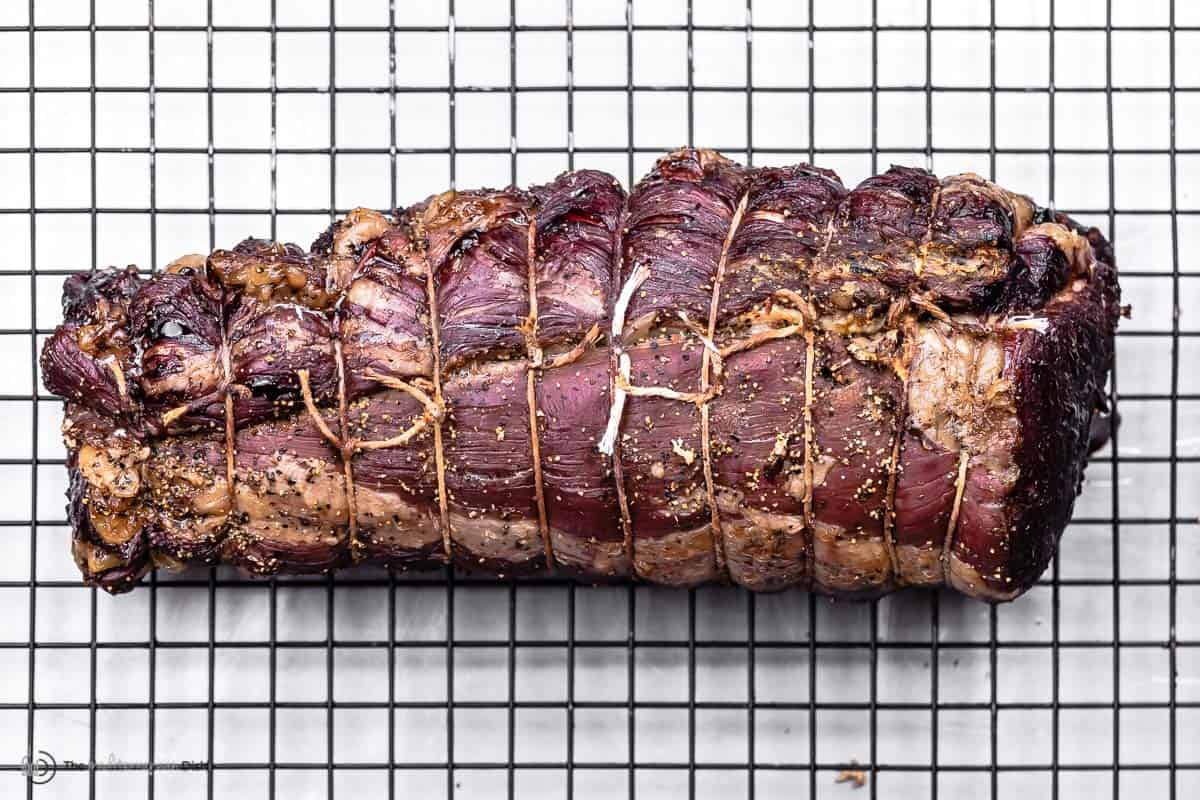 trussed beef tenderloin after roasting