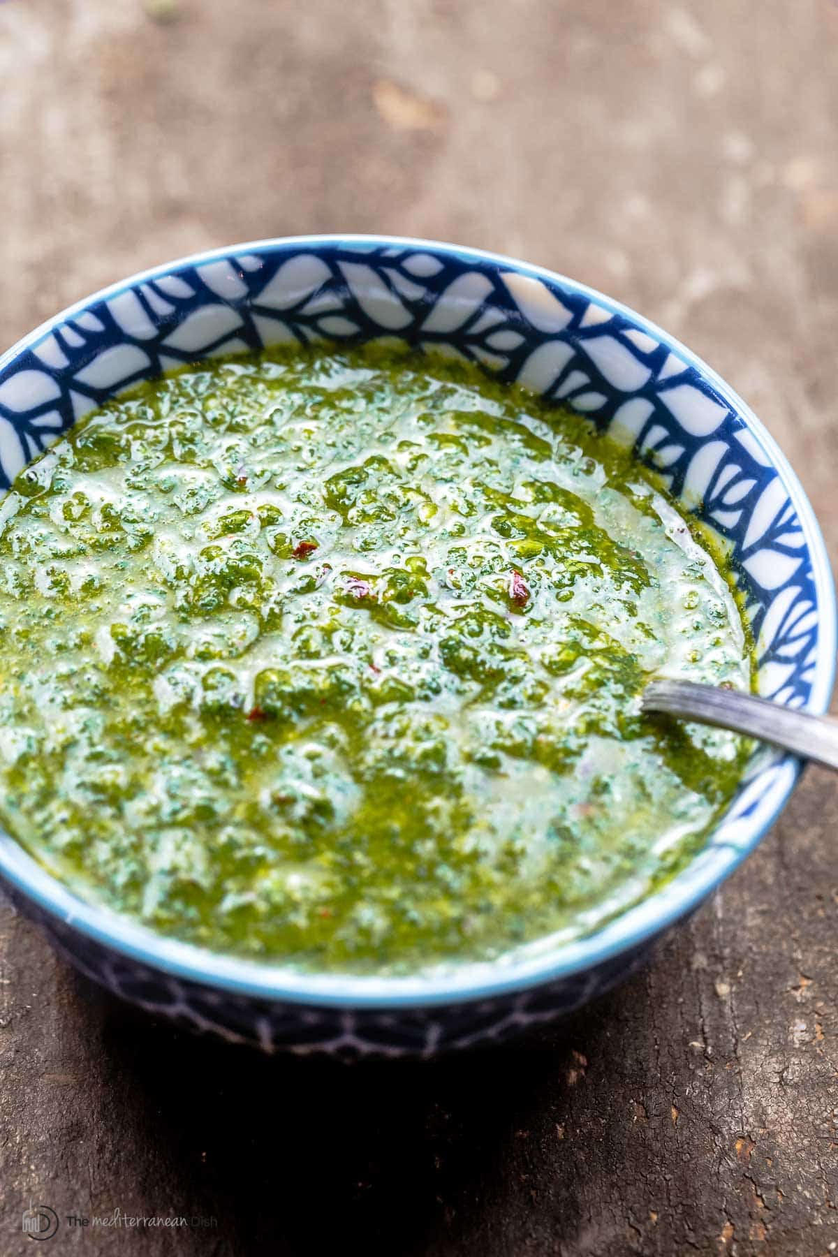 prepared chermoula in a blue and white bowl