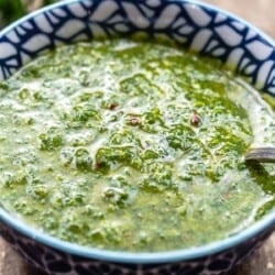 prepared chermoula in a blue and white bowl with fresh herbs in the background