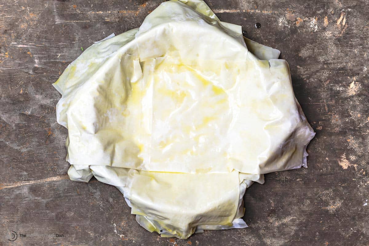 layers of phyllo dough brushed with olive oil