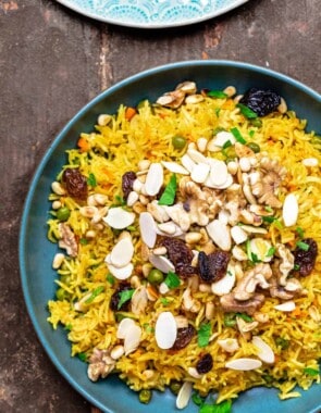 Basmati rice pilaf with dried fruit and toasted nuts