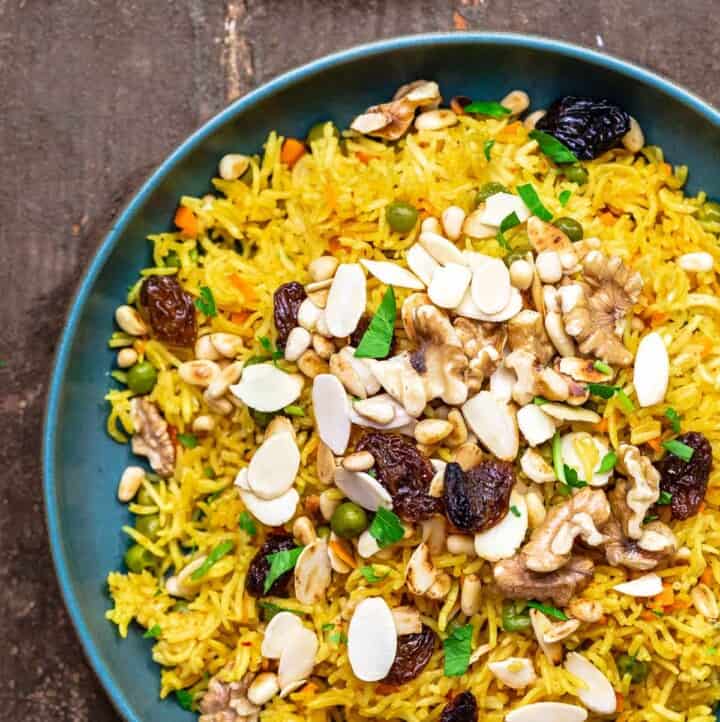 Basmati rice pilaf with dried fruit and toasted nuts