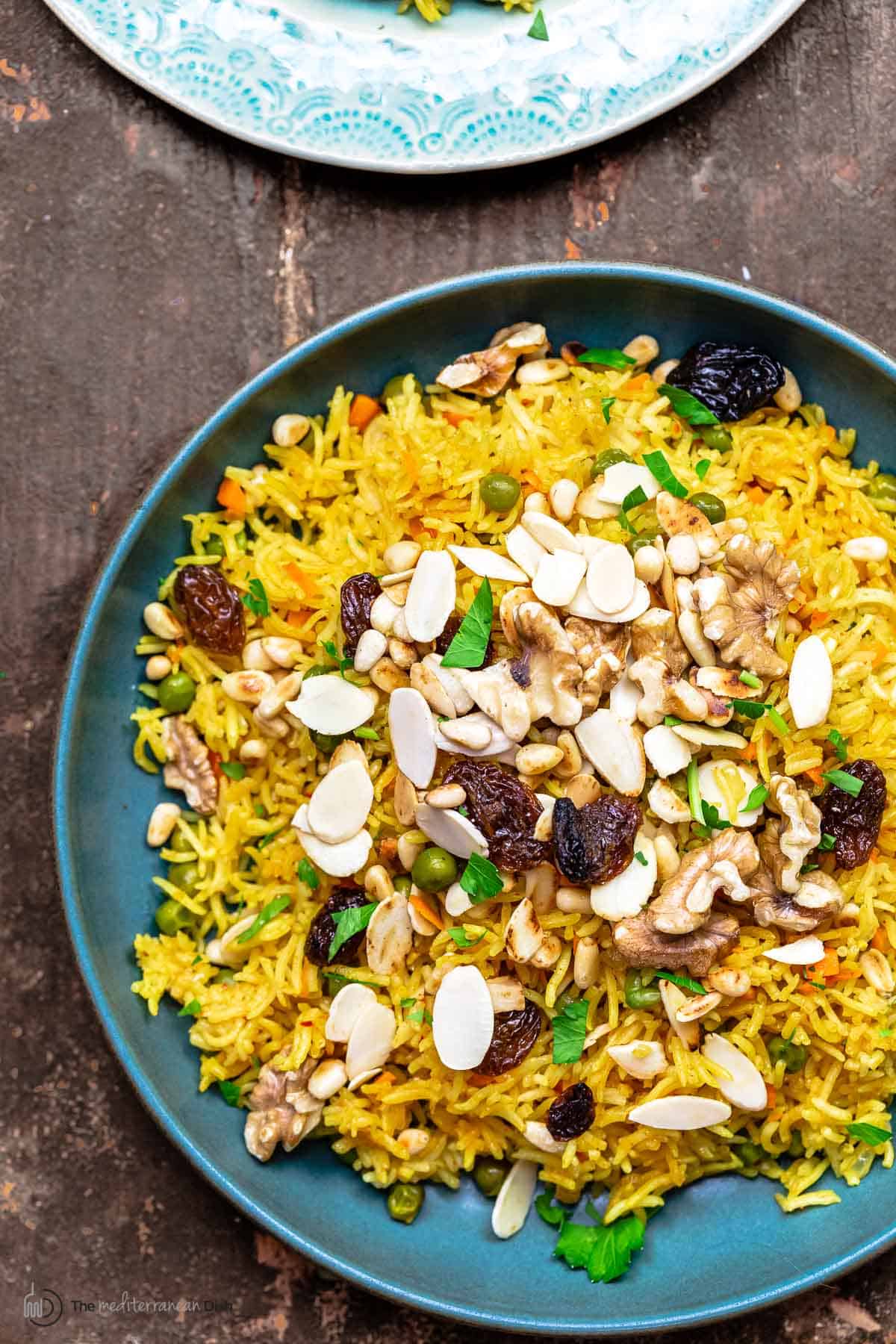 Basmati rice pilaf with dried fruit and toasted nuts