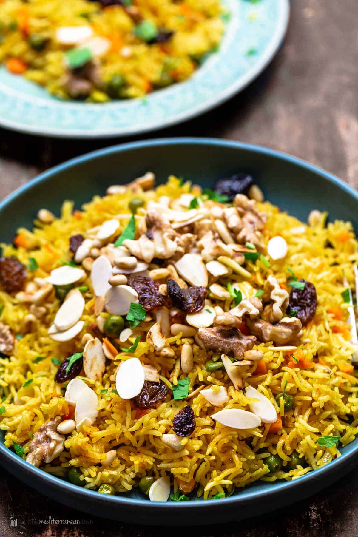 rice pilaf topped with toasted nuts and dried fruit