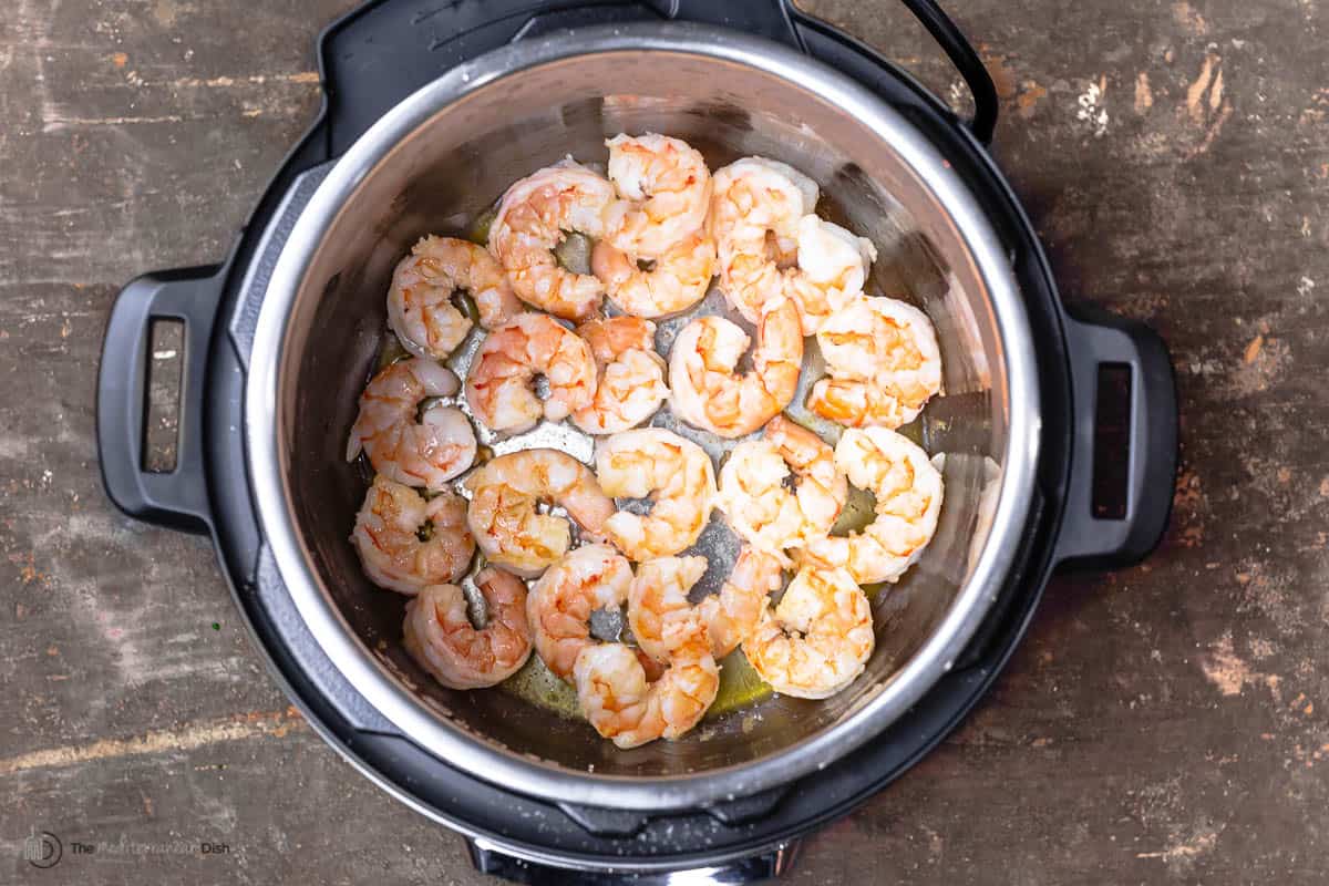 shrimp being sautÃ©ed in Instant Pot