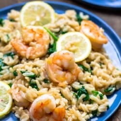 Shrimp risotto on a blue plate. Served with lemon slices