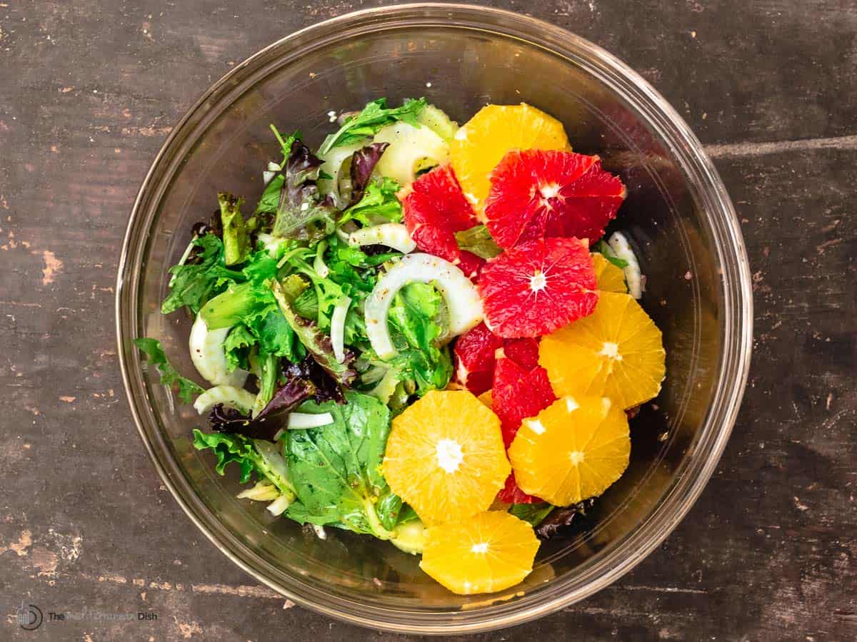 orange fennel salad in a bowl