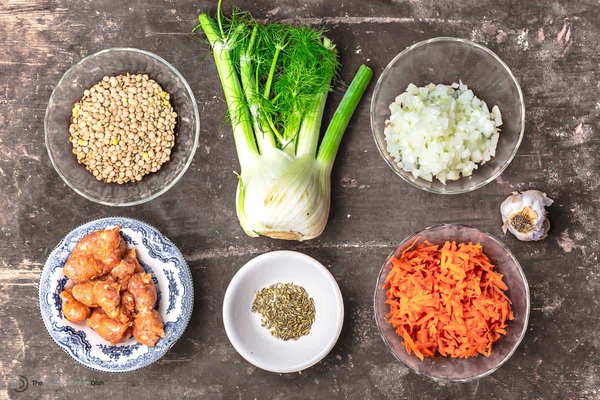 ingredients for sausage and lentils with fennel