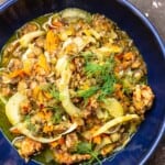 sausage and lentils with fennel in a bowl