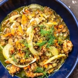 sausage and lentils with fennel in a bowl