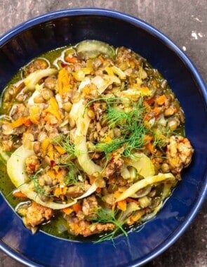 sausage and lentils with fennel in a bowl