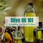 picture of olive oil in glass bottles with text