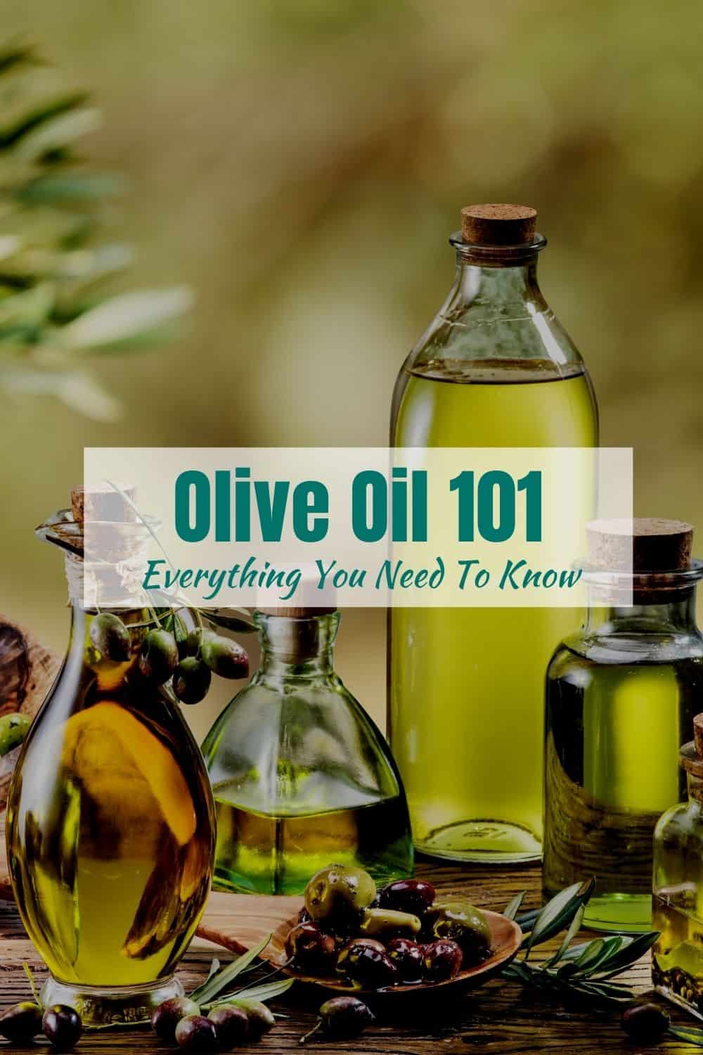 picture of olive oil in glass bottles with text