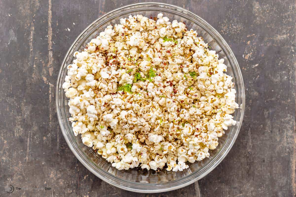homemade popcorn with Aleppo pepper, lime zest, and za'atar