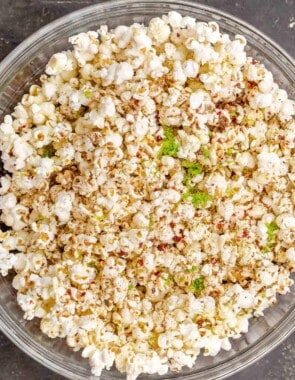 homemade stovetop popcorn with Aleppo pepper, lime zest, and za'atar