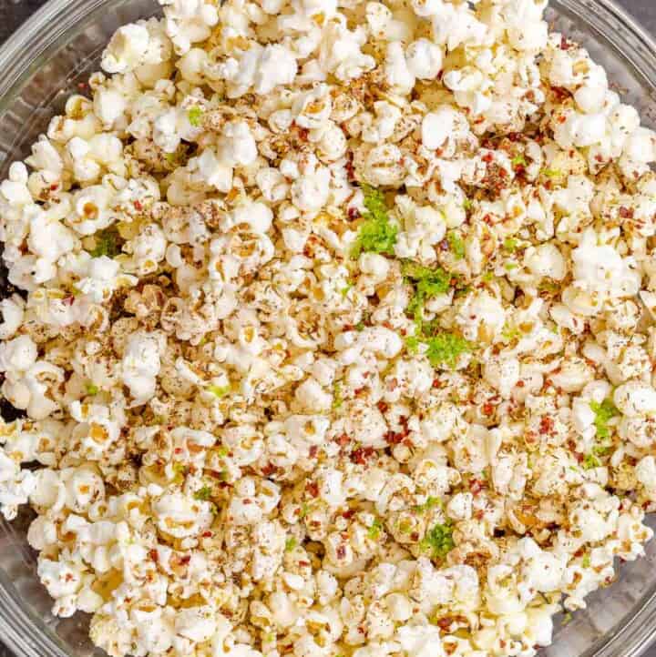 homemade stovetop popcorn with Aleppo pepper, lime zest, and za'atar