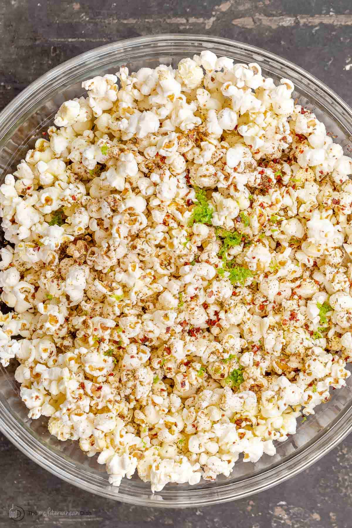homemade stovetop popcorn with Aleppo pepper, lime zest, and za'atar