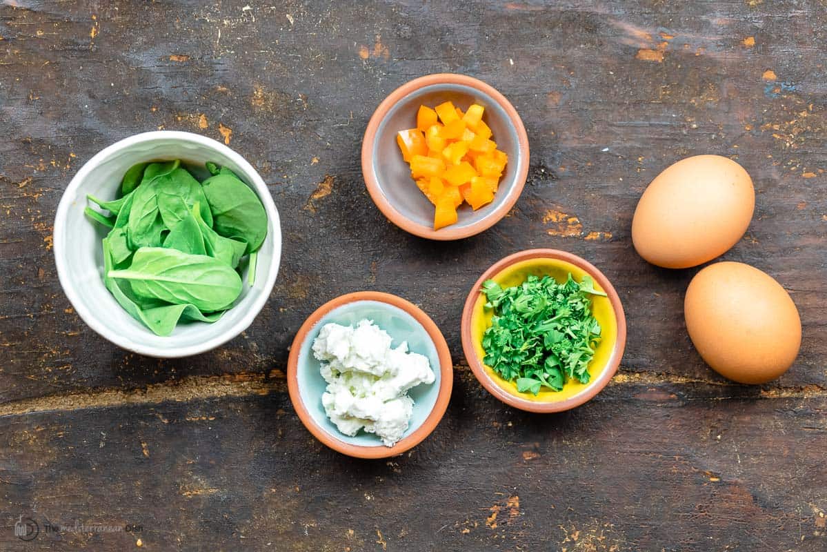 vegetables and two eggs to make an omelet in a mug in the microwave