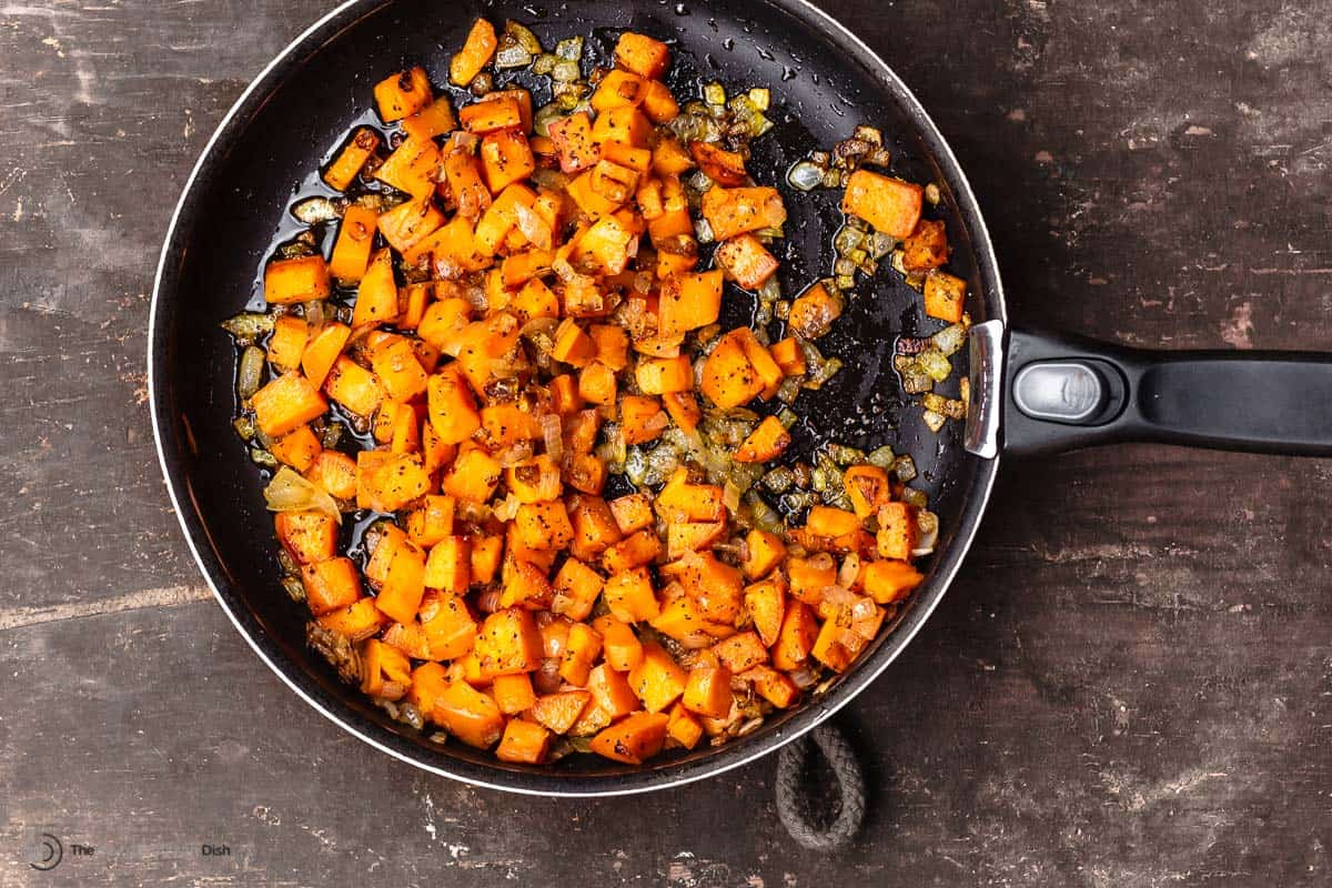 cooked cubed sweet potatoes in a saucepan