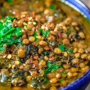 close up of lentils, spinach, and fresh parsley