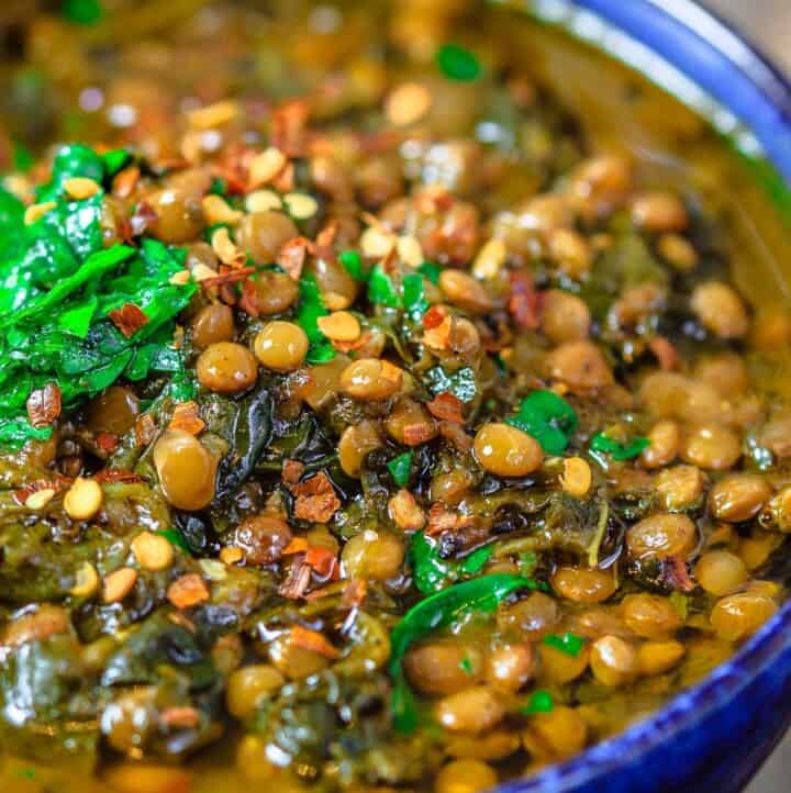 close up of lentils, spinach, and fresh parsley