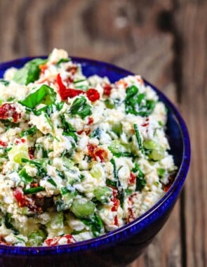 feta dip in a blue bowl