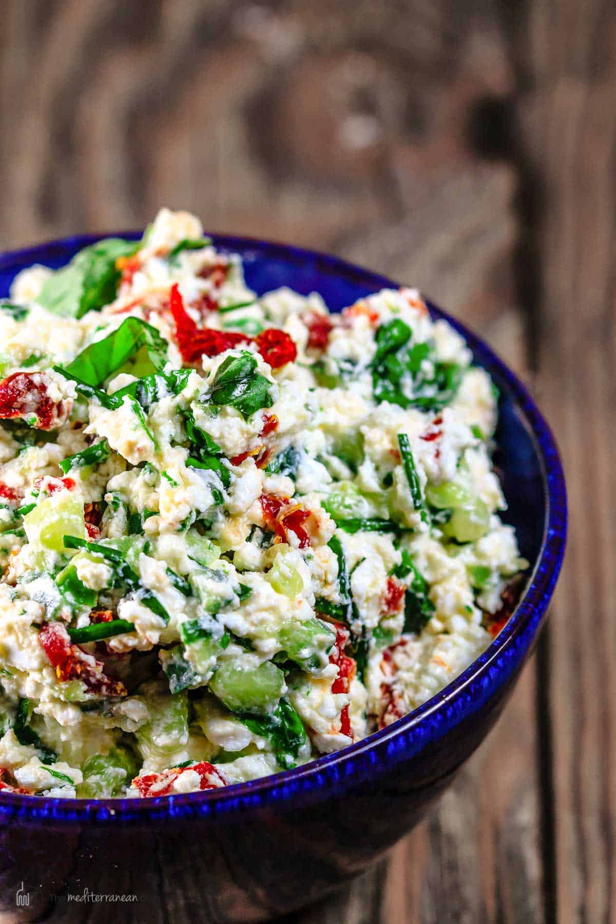 feta dip in a blue bowl