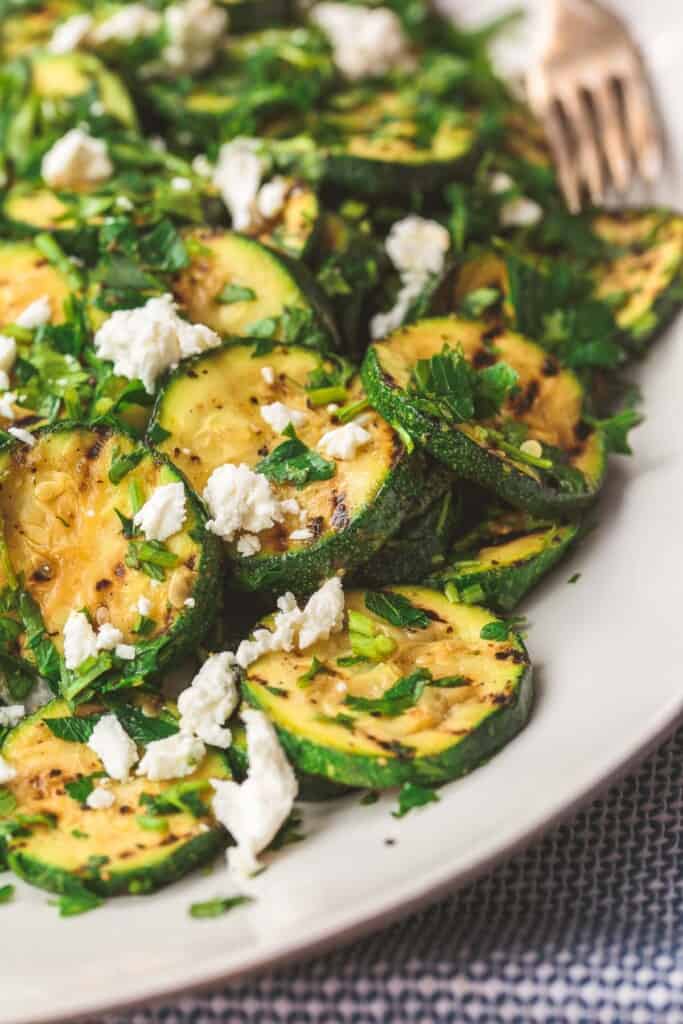 close up of Mediterranean zucchini salad with feta cheese