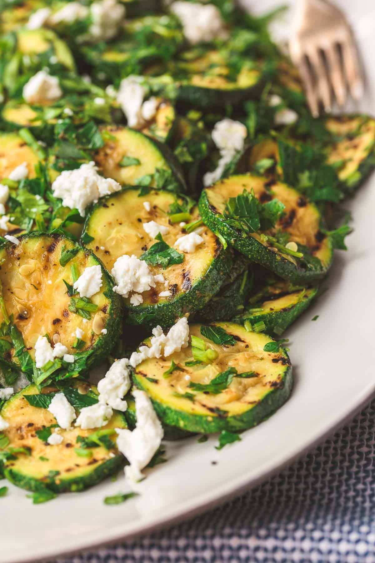 close up of Mediterranean zucchini salad with feta cheese