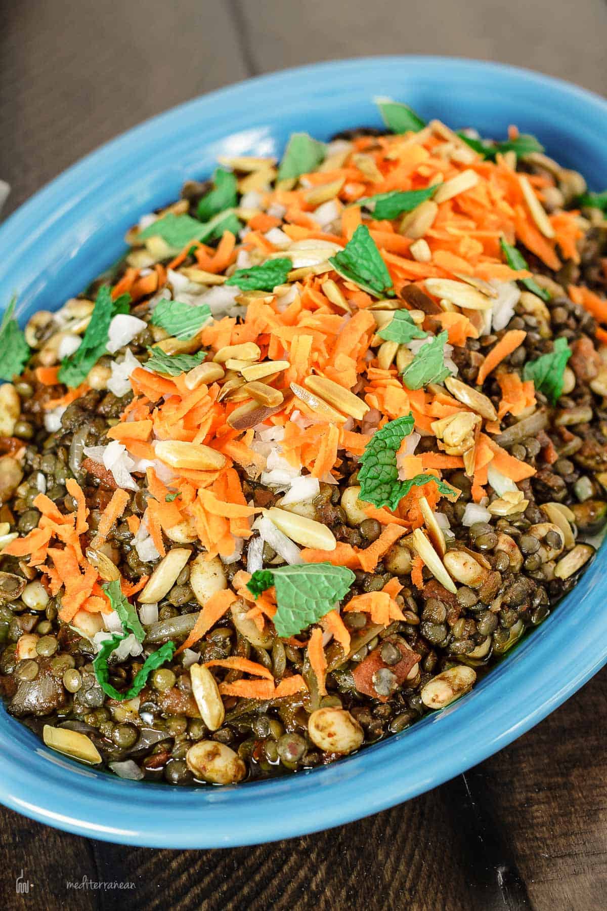 spicy harissa white bean salad with lentils, carrots, mint leaves, and toasted slivered almonds