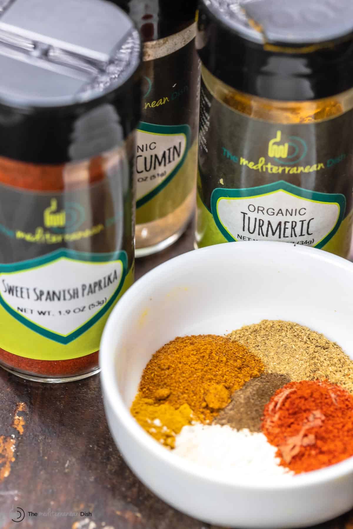 shawarma spices including turmeric, paprika, and cumin