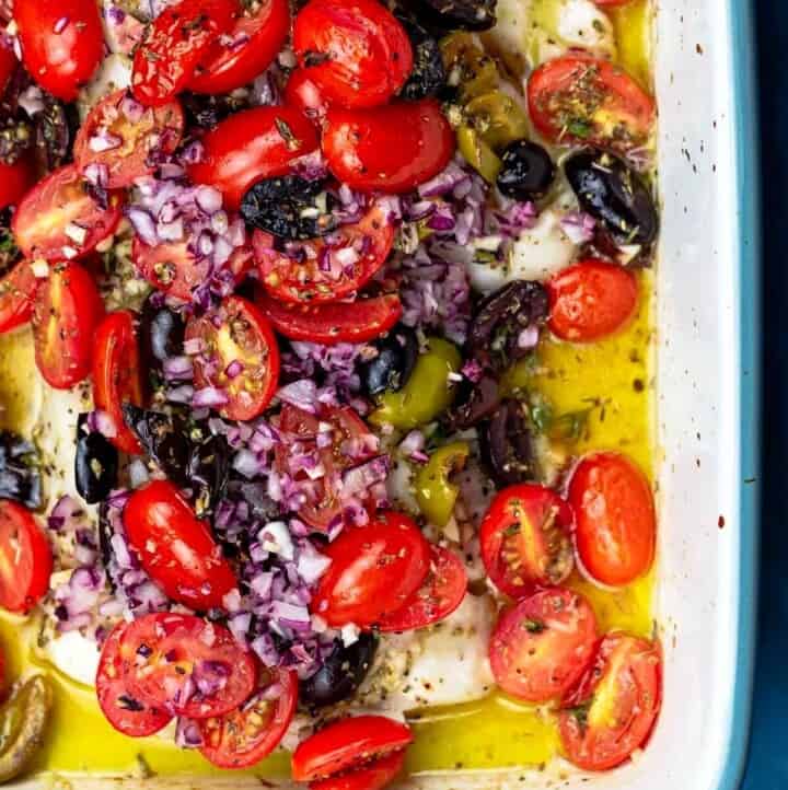 featured image for fish recipes roundup featuring baked white fish with tomatoes and olives