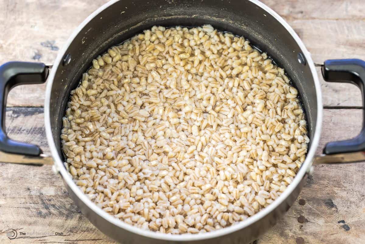 cooked pearled barley in a pot