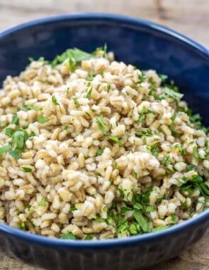 Side angle shot of cooked barley in a blue bowl