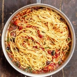 pasta puttanesca in a large saucepan