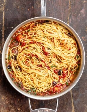 pasta puttanesca in a large saucepan