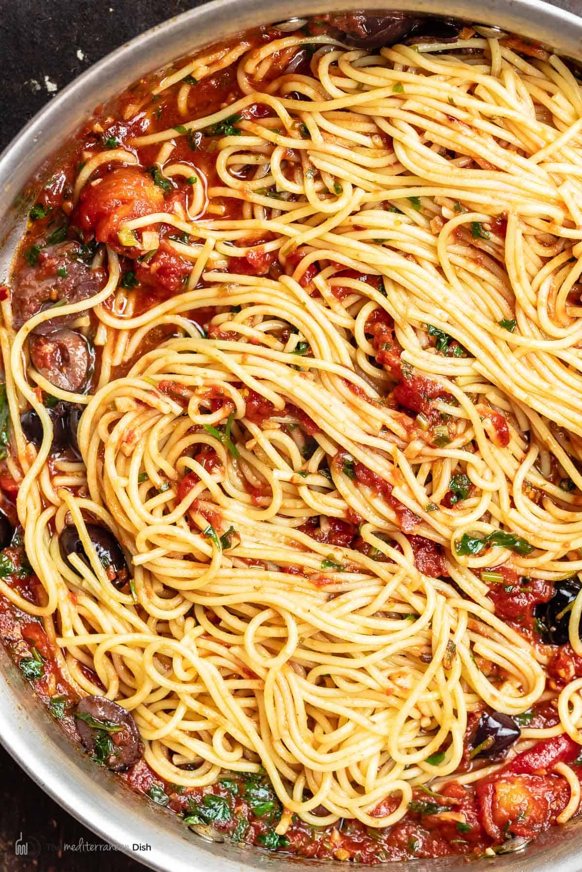 close-up of pasta puttanesca