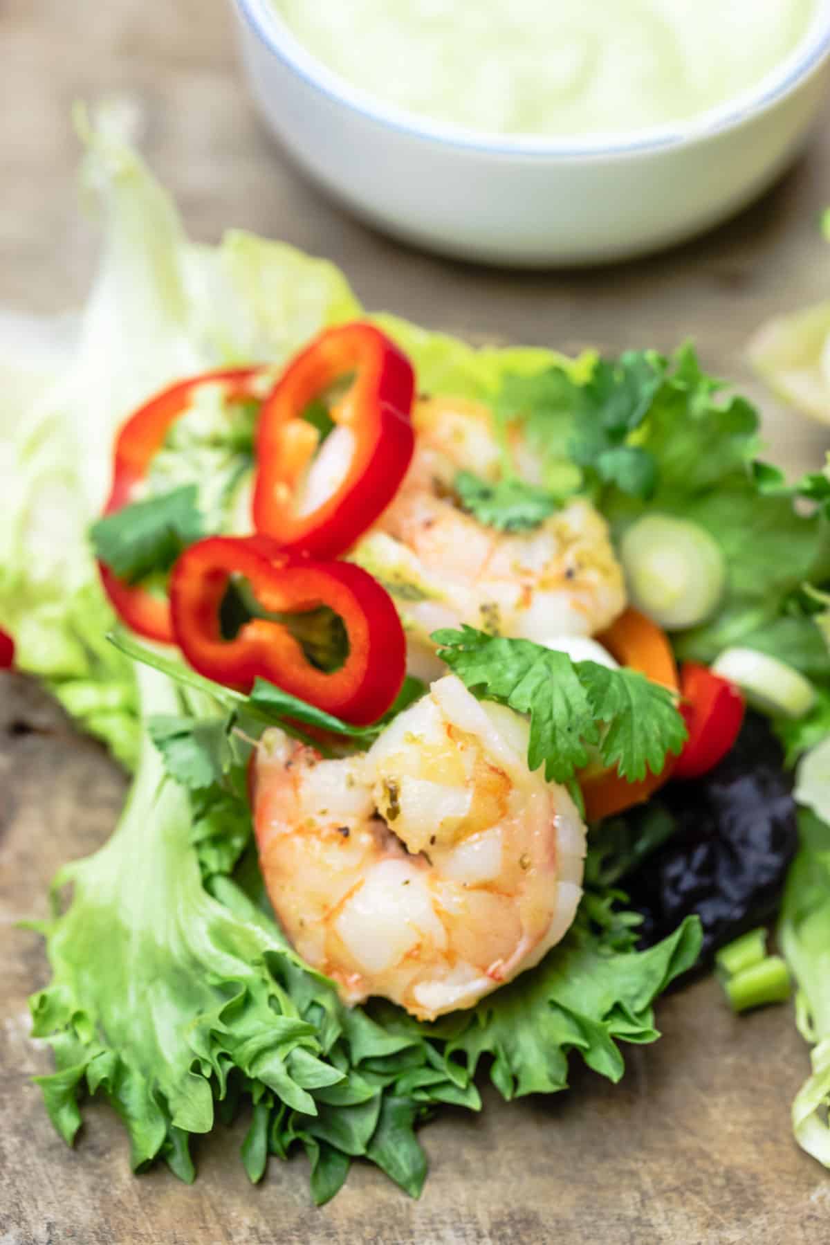 shrimp lettuce wraps with fresh herbs and vegetables
