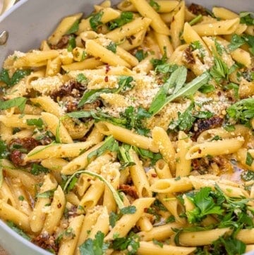 pasta with sundried tomatoes in a large skillet