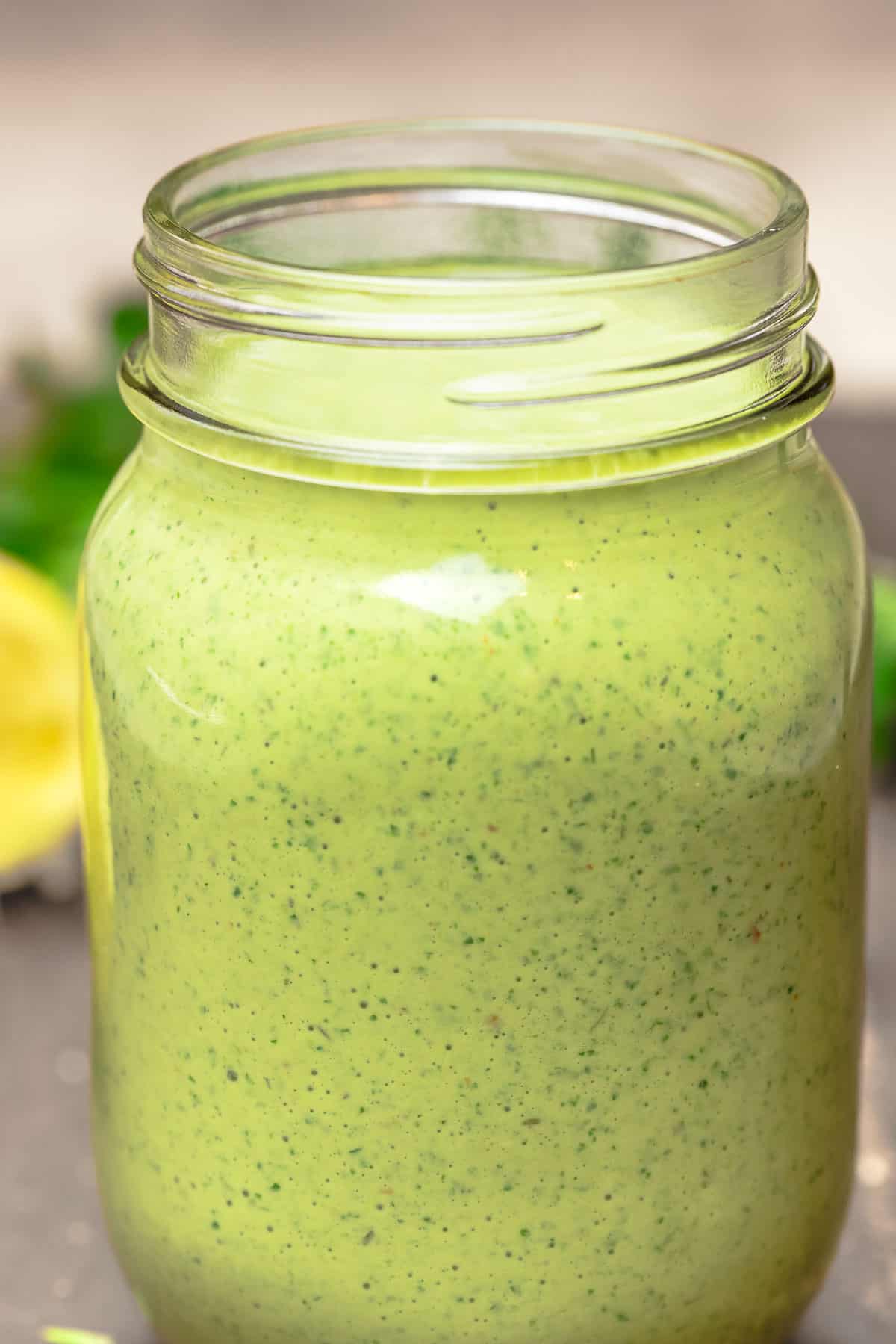 close up of plant-based green goddess dressing