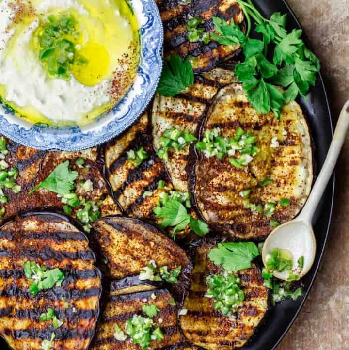 eggplant recipes hero image featuring grilled eggplant without text