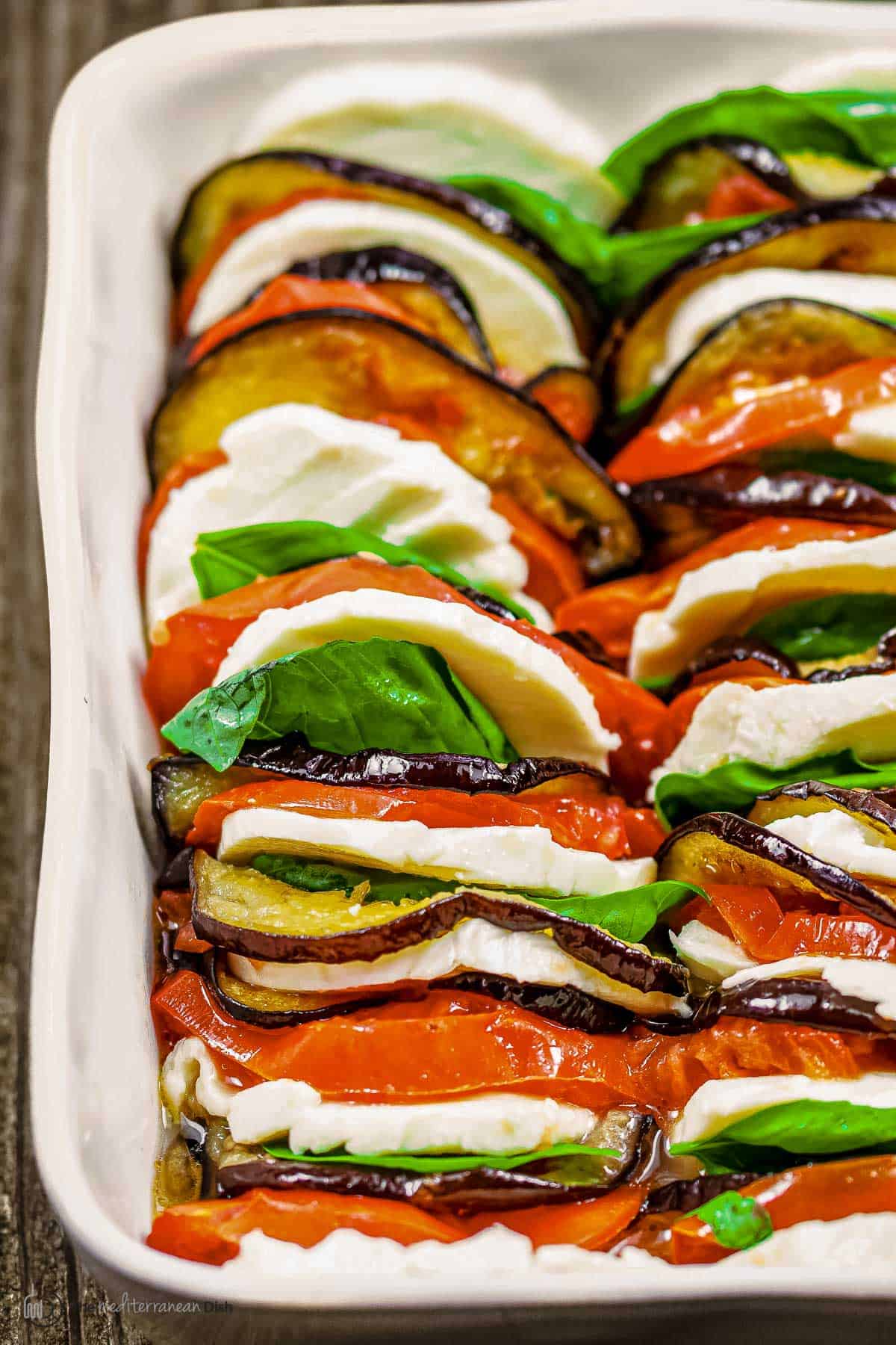 eggplant caprese in a casserole dish