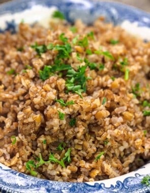 close up of cooked coarse bulgur wheat in a bowl