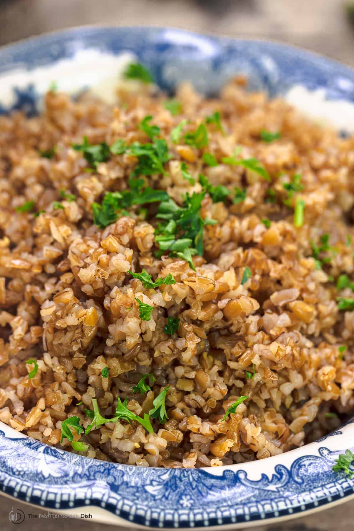 close up of cooked coarse bulgur wheat in a bowl