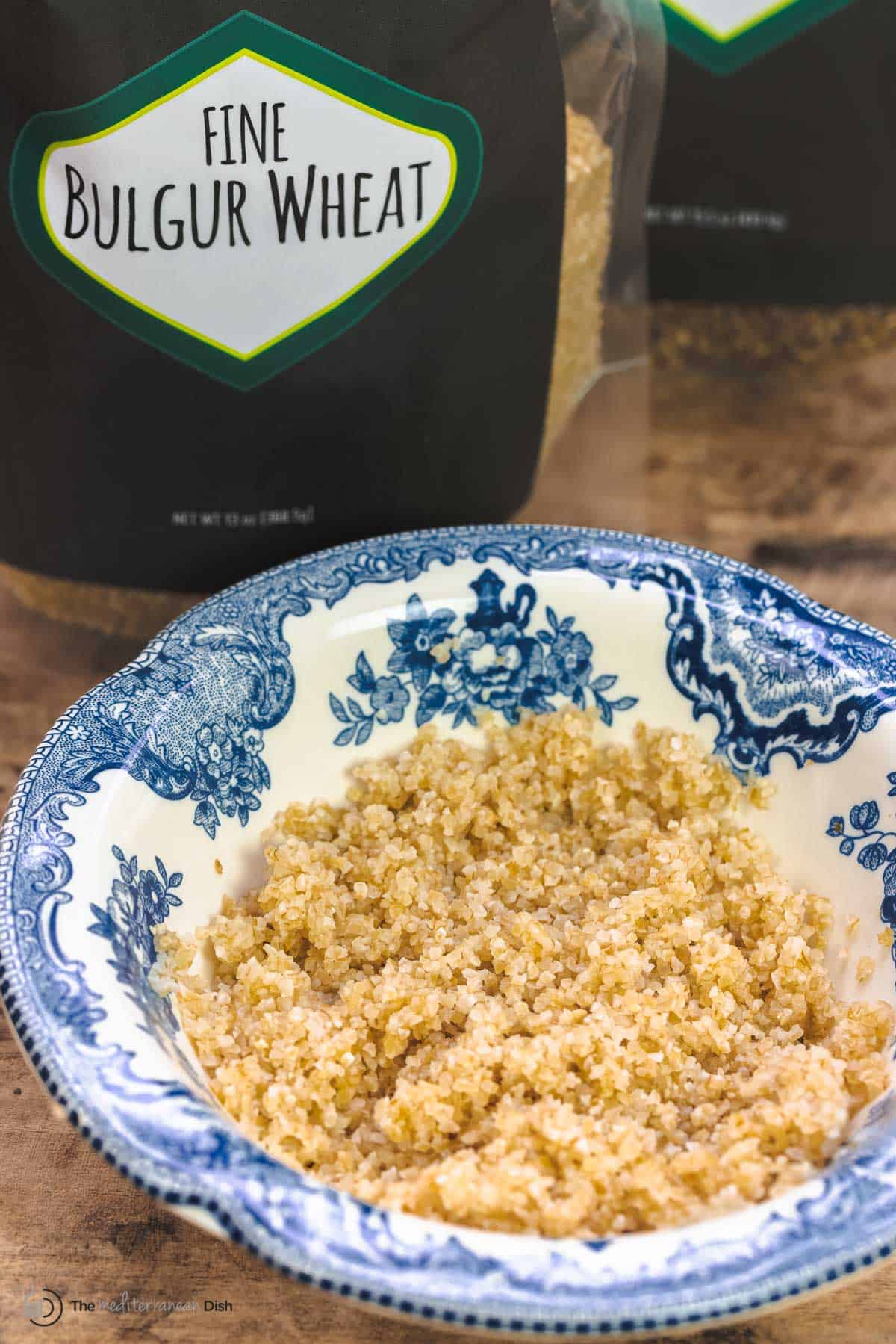 fine bulgur wheat in a bowl next to The Mediterranean Dish fine bulgur wheat