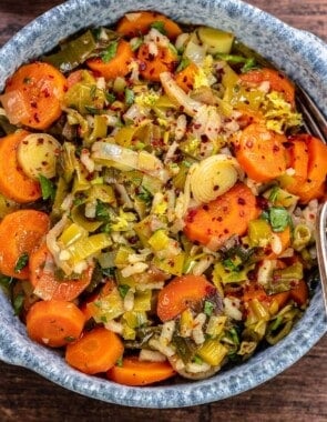 Turkish-style leeks recipe with arborio rice and a sprinkle of Aleppo-style pepper.