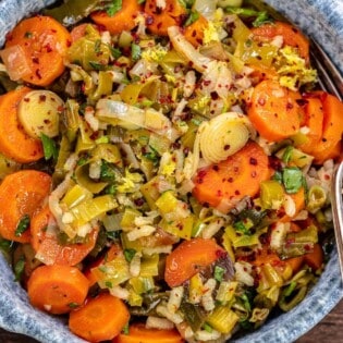 Turkish-style leeks recipe with arborio rice and a sprinkle of Aleppo-style pepper.