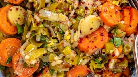 Turkish-style leeks recipe with arborio rice and a sprinkle of Aleppo-style pepper.
