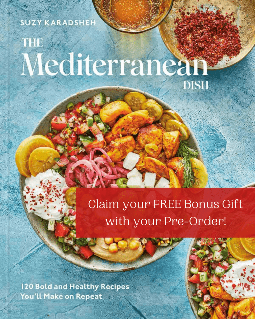image of The Mediterranean Dish cookbook with a red banner to claim your free gift with pre-order