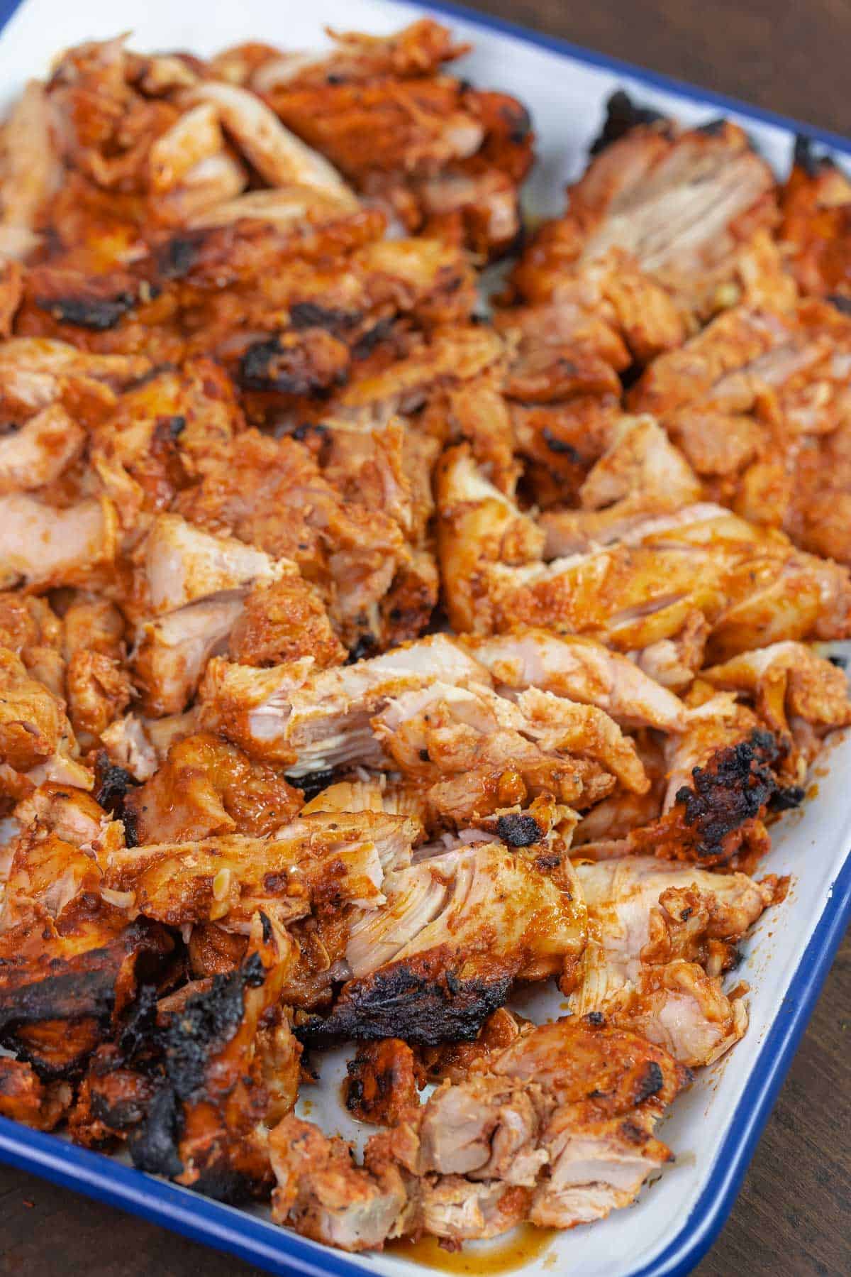 close up of carved chicken doner.